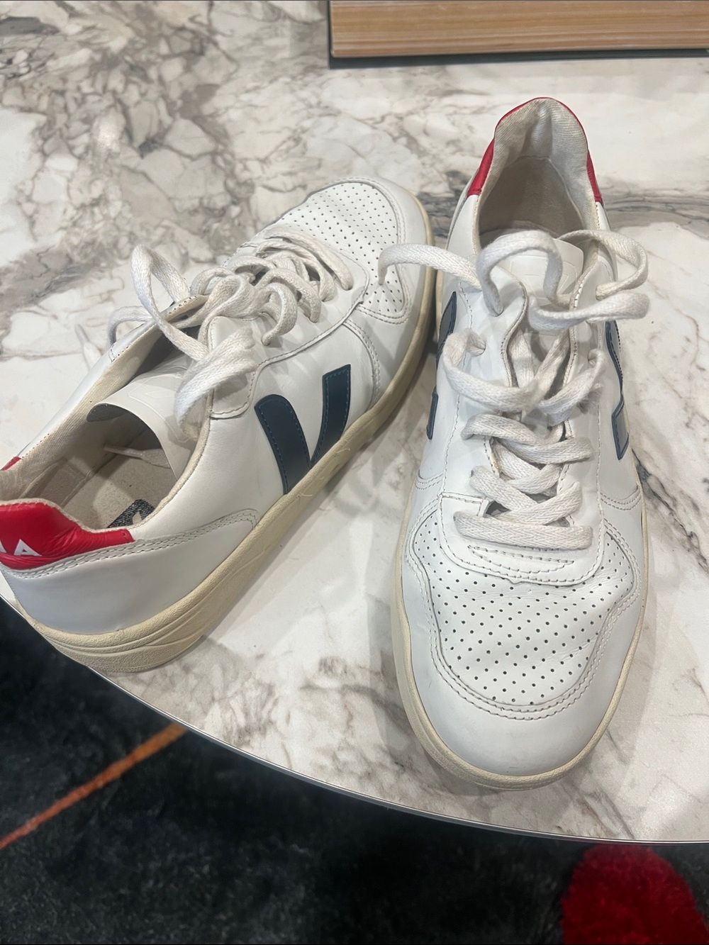 Veja White Leather Sneakers with Navy V and Red Heel
